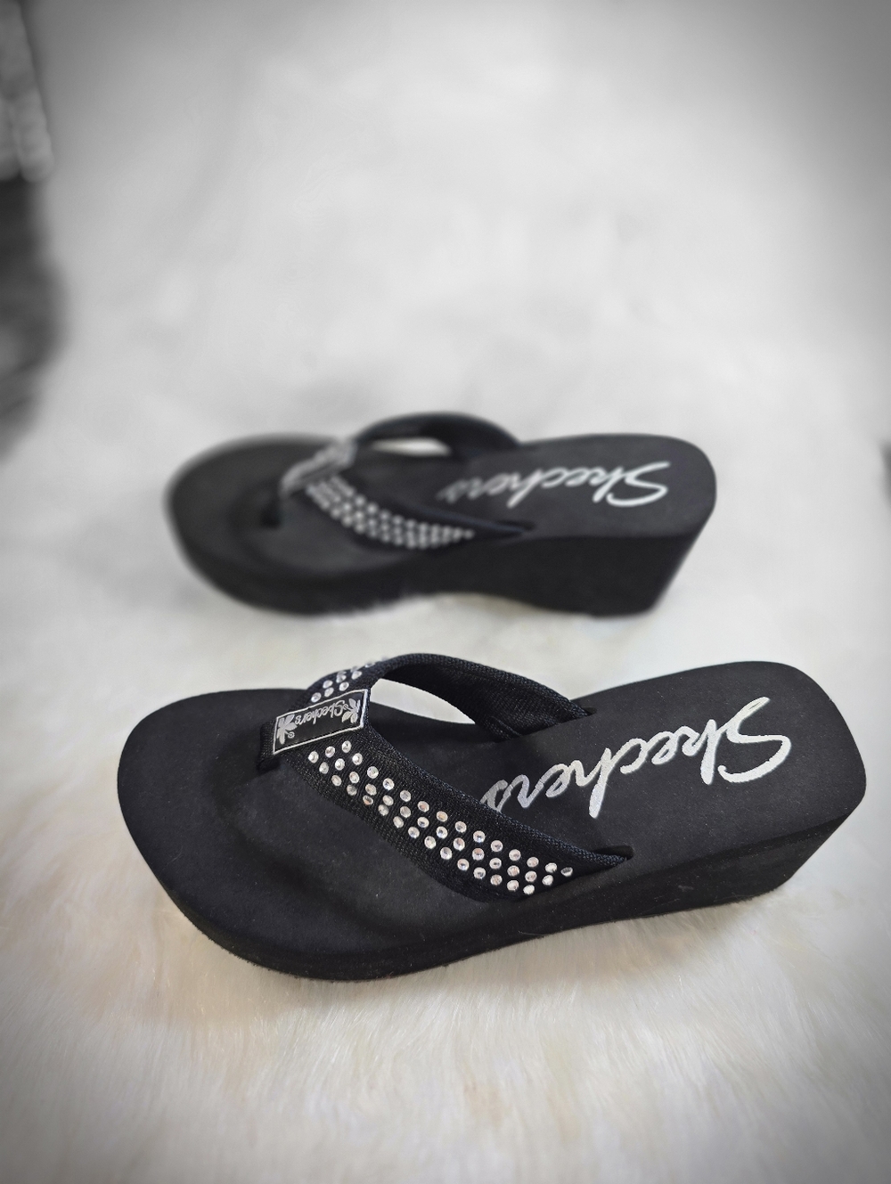 Skechers Black Rhinestone Chunky Foam Wedge Sandals - Picture 3 of 8